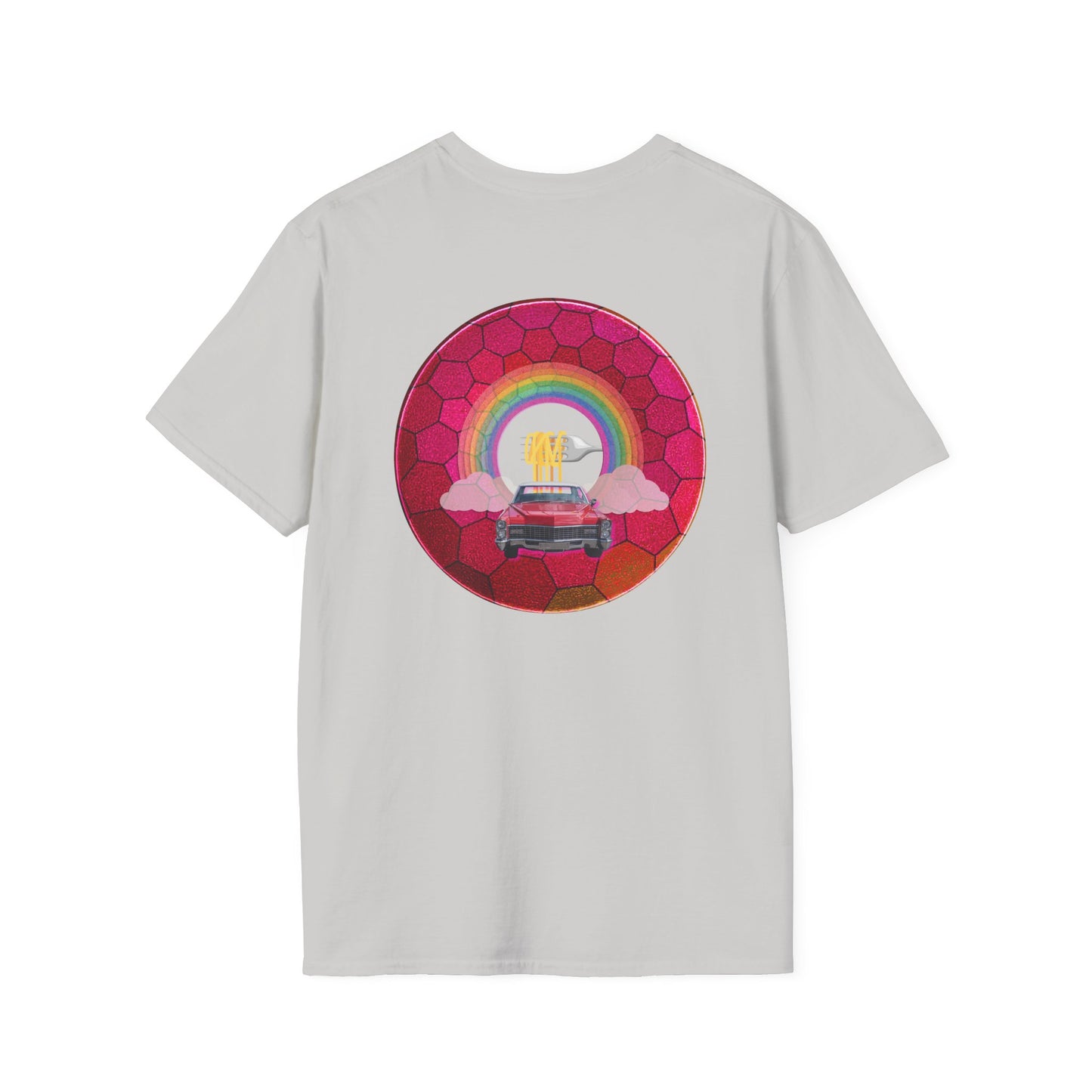 Classic Donut Tee - Unisex Soft-Style - "Cadillac Rainbows Donut Tee" - variant 1 - magenta hexadonut w/red caddy