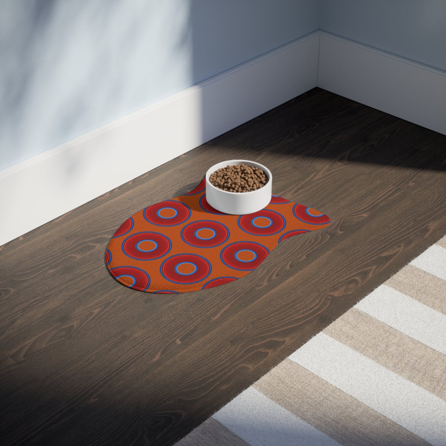 Wendy's Lumpy Pet Feed Mat - vivid red donuts w/dark orange background