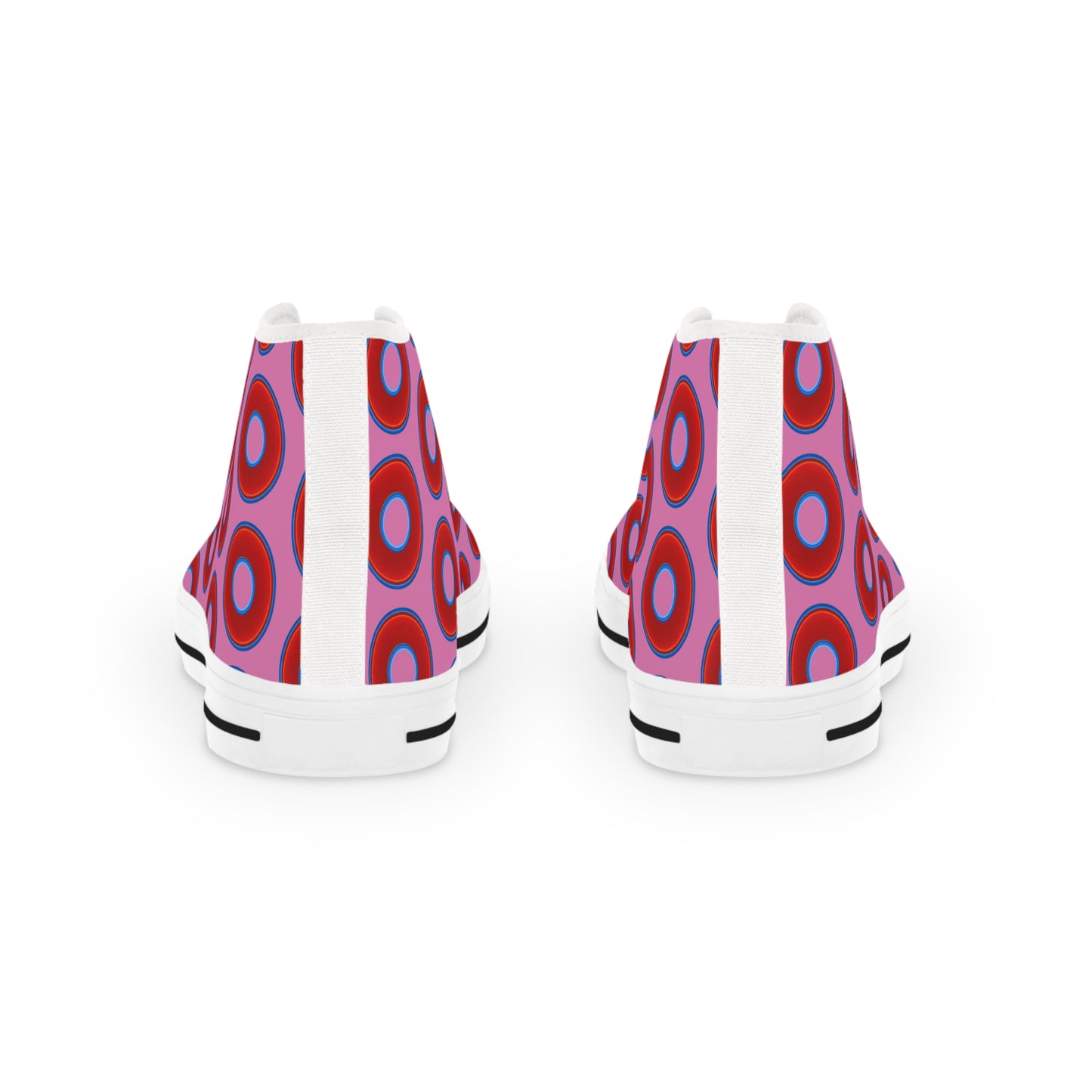 Men's High Top Chucks - large vivid red donut print w/pink background