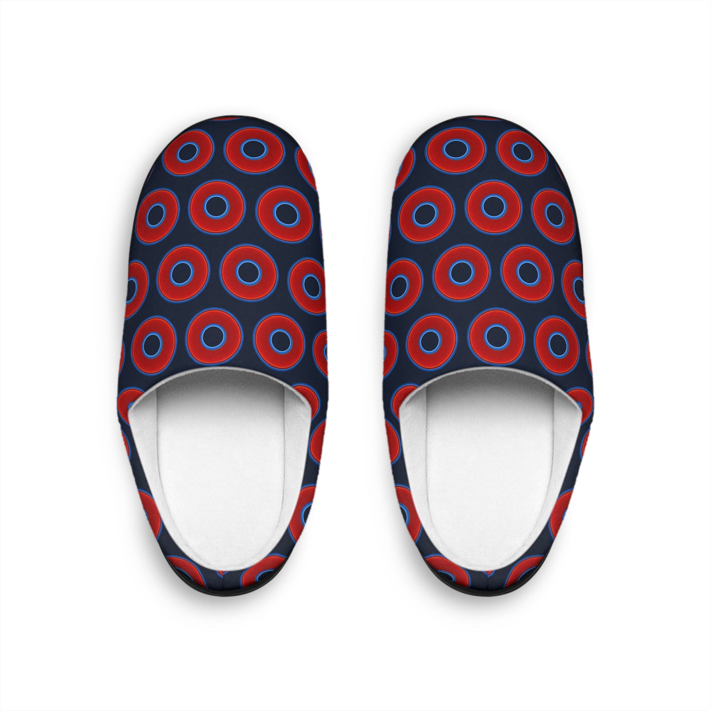 Women's Lumpy Slippers - red vivid donut print w/dark teal elite background