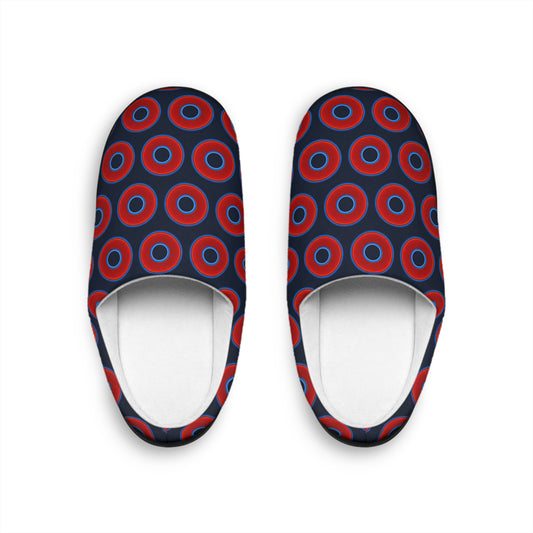 Women's Lumpy Slippers - red vivid donut print w/dark teal elite background