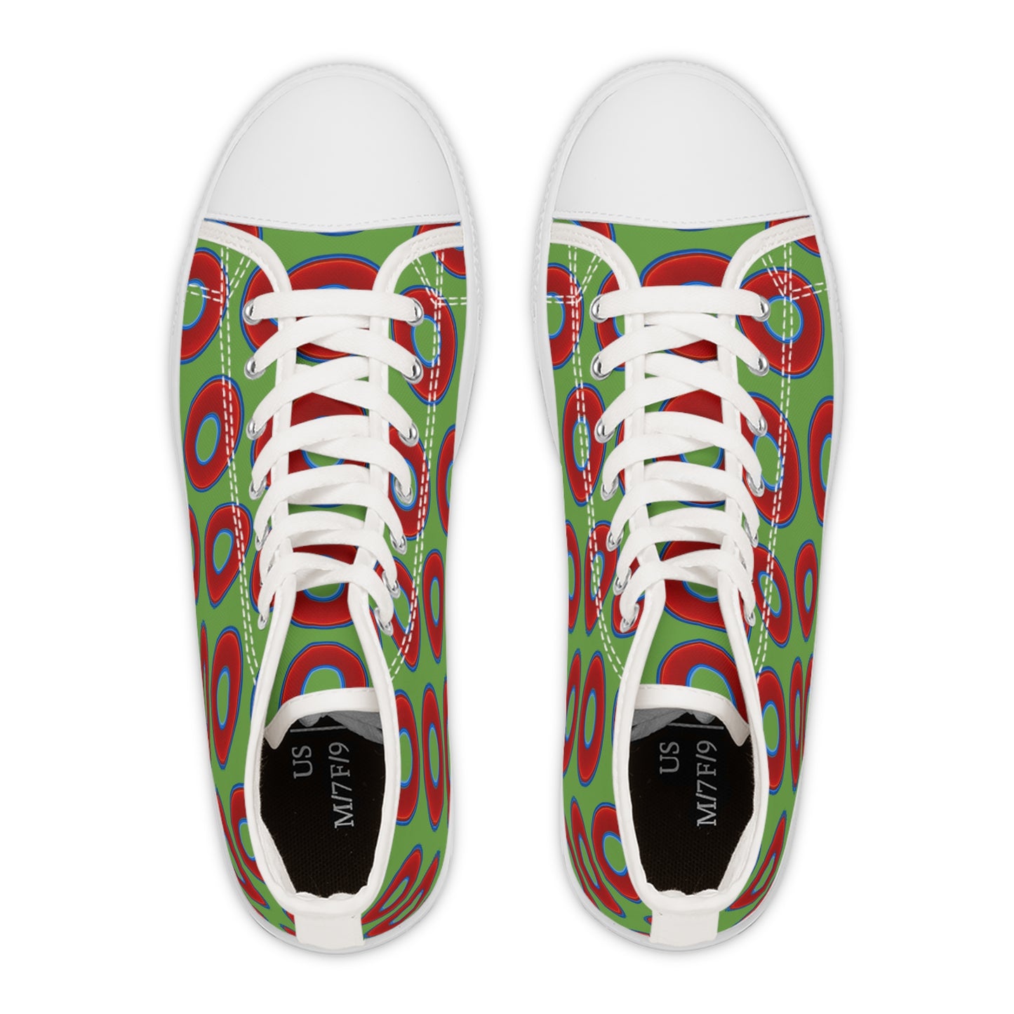 Women's High Top Chuck Taylors - large vivid red donut print w/light green background