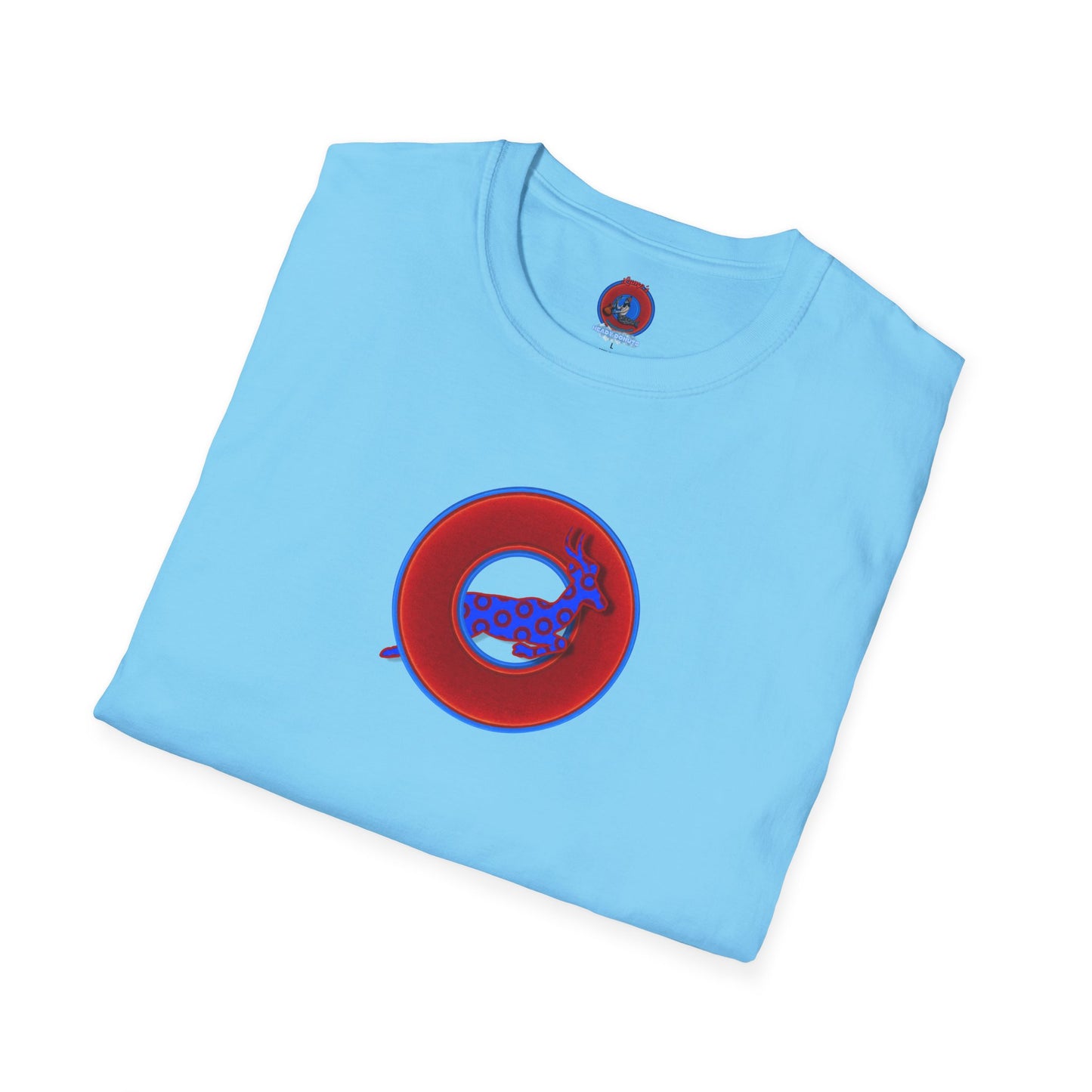 Classic Donut Tee - Unisex Soft-Style - "Out of Control Donut" - vivid red donut - variant 2 "jumping on through"