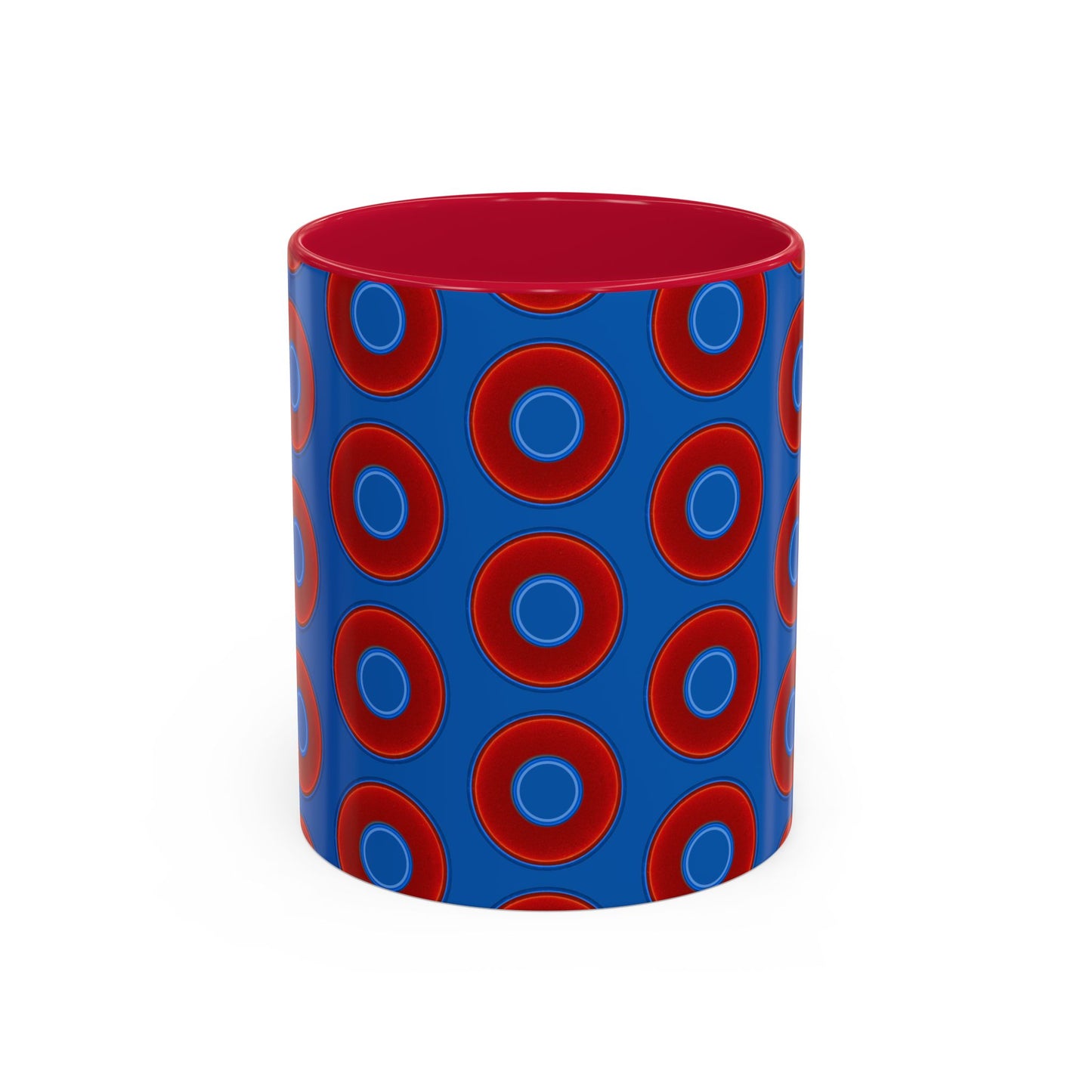 Lump's Grumpy Coffee Mug - vivid red donuts w/dark royal blue background