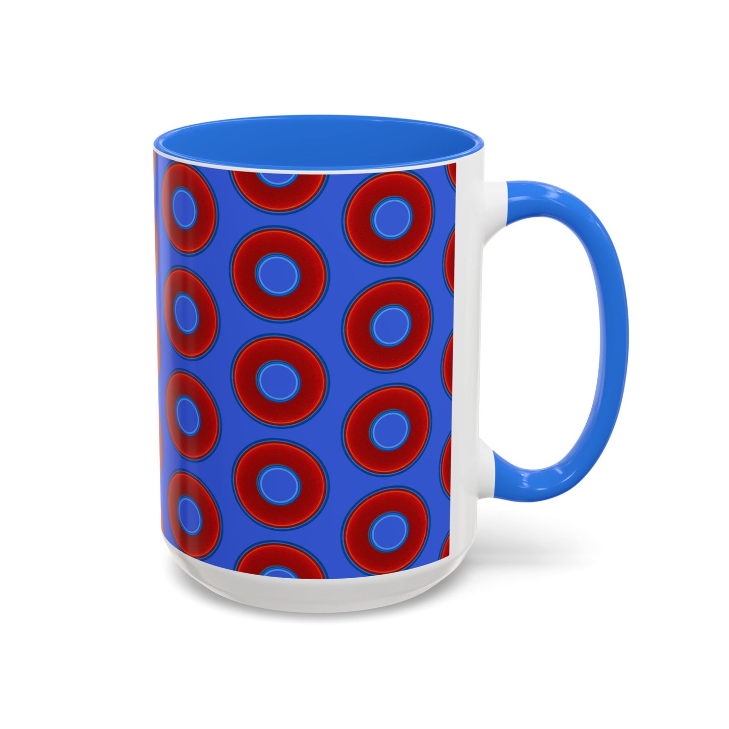 Lump's Grumpy Coffee Mug - vivid red donuts w/royal blue background