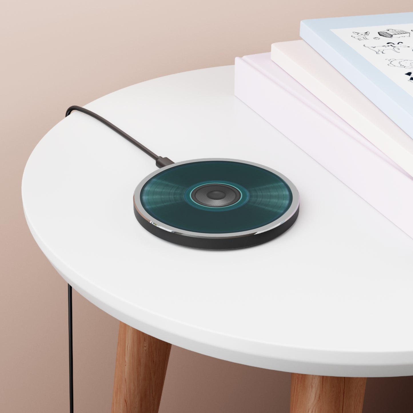 The Flow - Wireless Lumpy Donut Chargers - "Speaker Donut" - vivid dark teal record donut w/light gray background