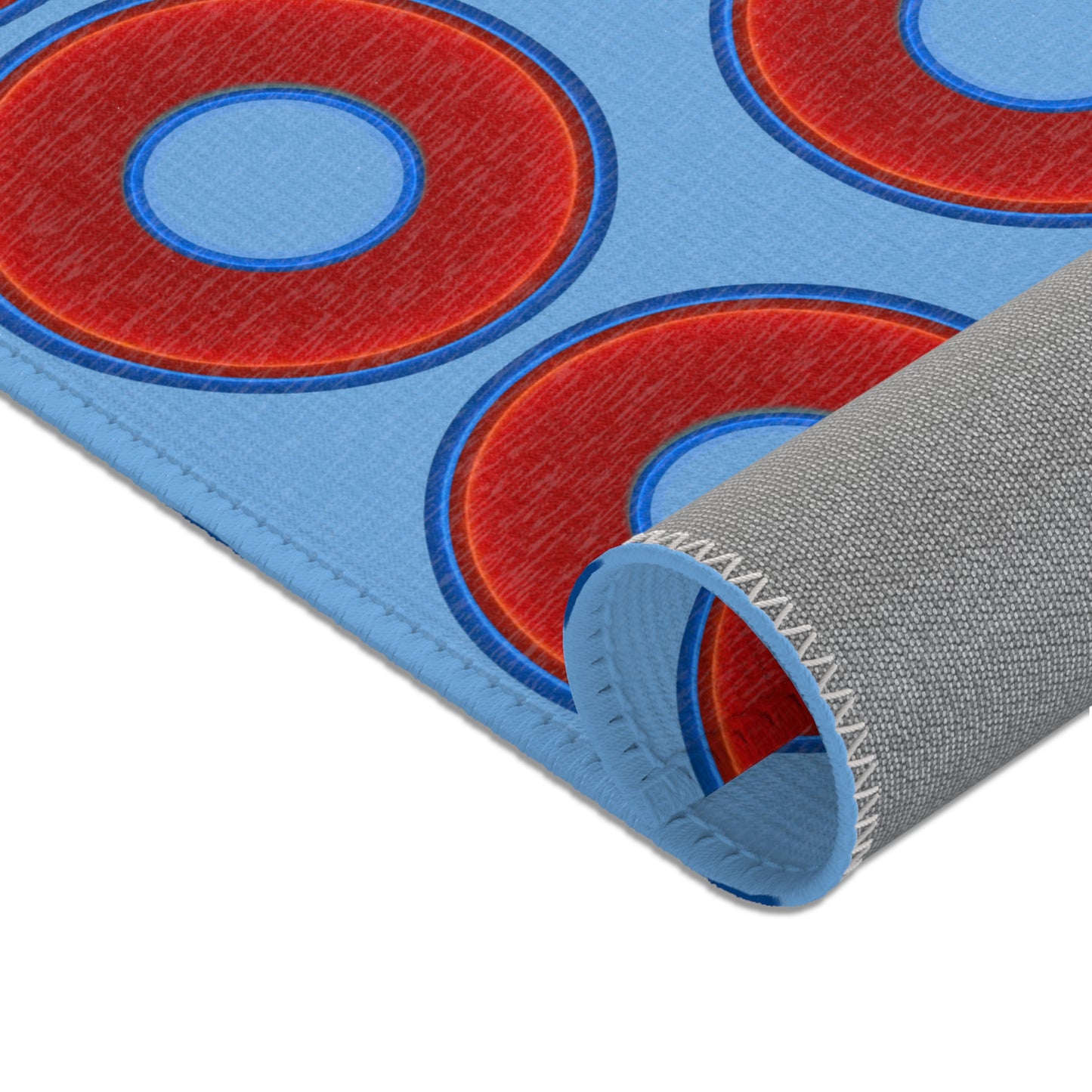 Lumpy Donut Print Rug - choice of 3 sizes - vivid red donut print w/light blue background