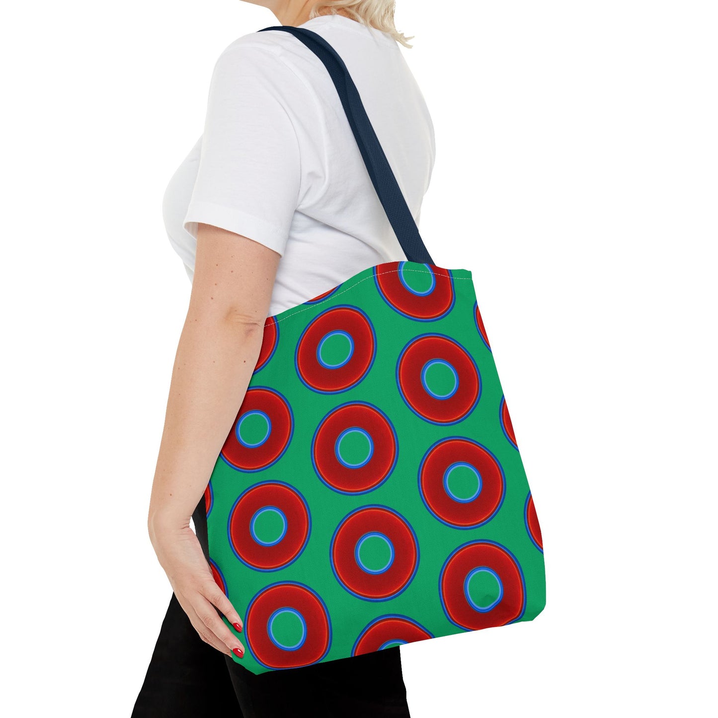 Lumpy Beach/Tote Bag - red vivid donuts w/jade green background