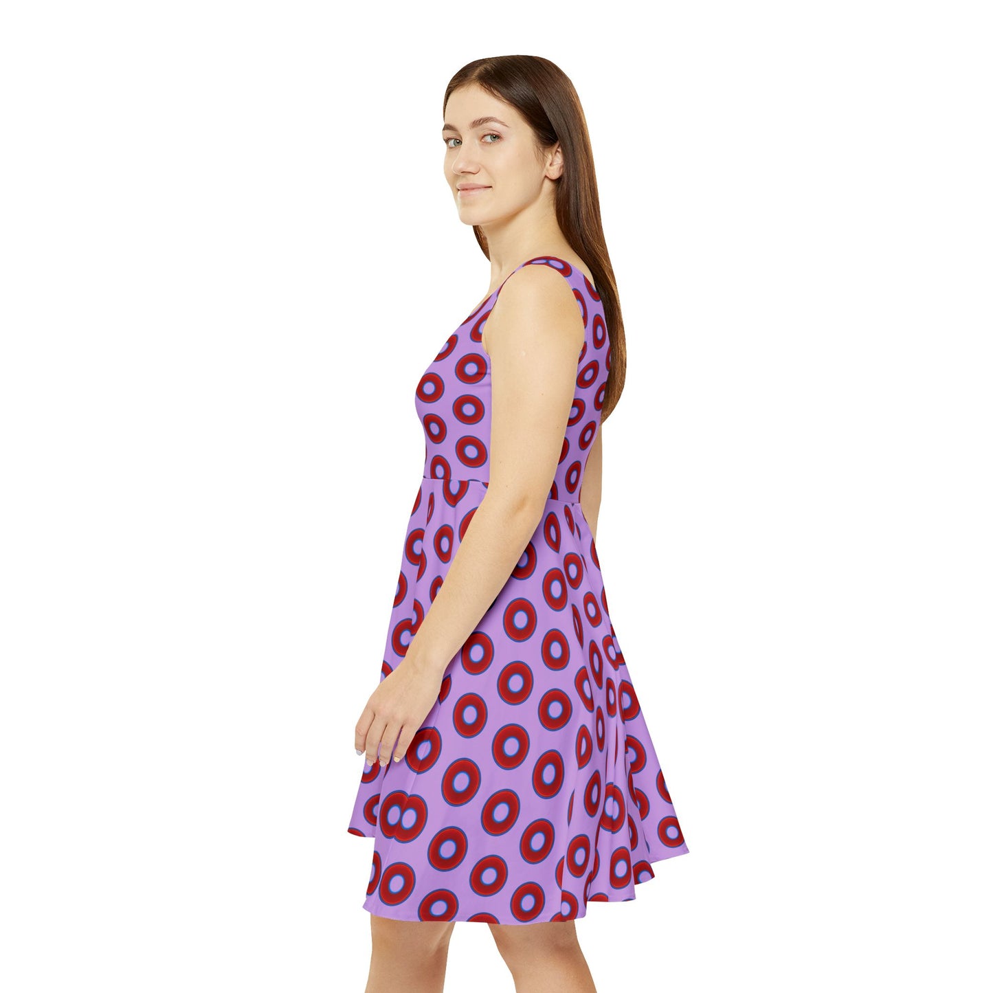 Women's Skater Donut Dress - vivid red donut print w/pale magenta background