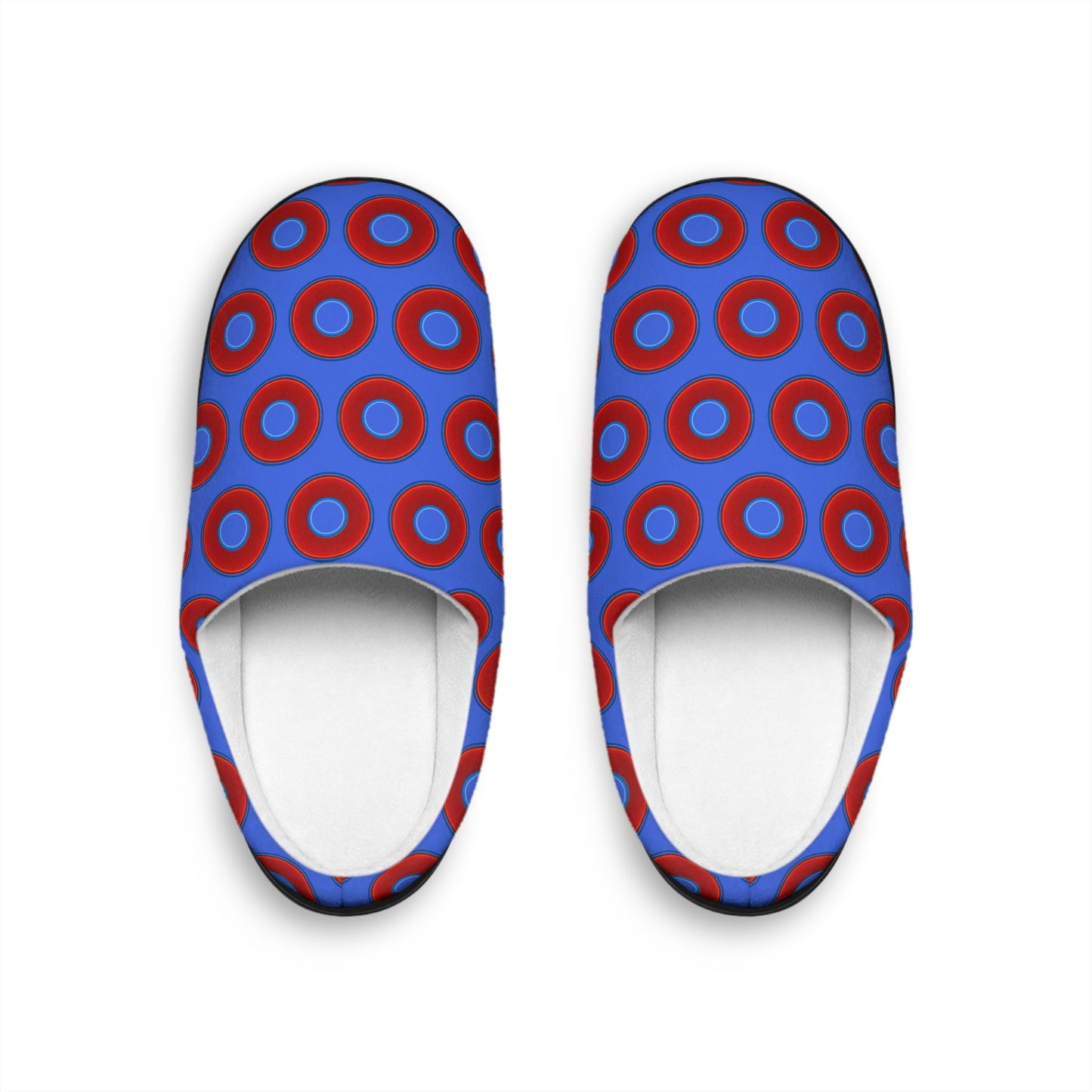 Women's Lumpy Slippers - red vivid donut print w/royal blue background