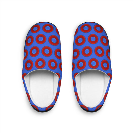 Women's Lumpy Slippers - red vivid donut print w/royal blue background