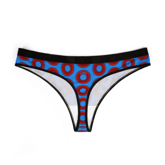 Lumpy Donut Thongs - red vivid donut print w/sky royal blue background