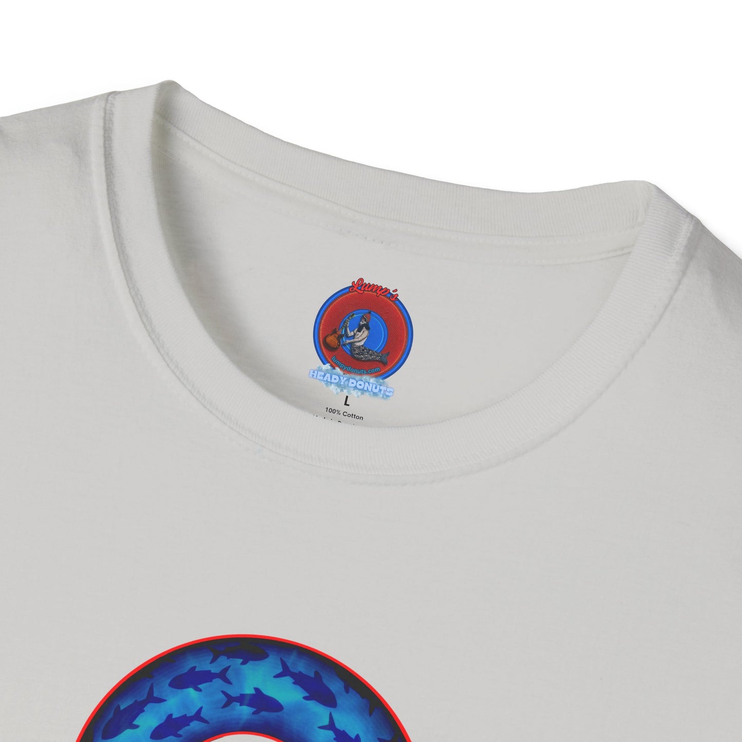 Classic Donut Tee - Unisex Soft-Style - "Skoolie of Phishies" - vivid sea donut - w/darker blue water - variant 2