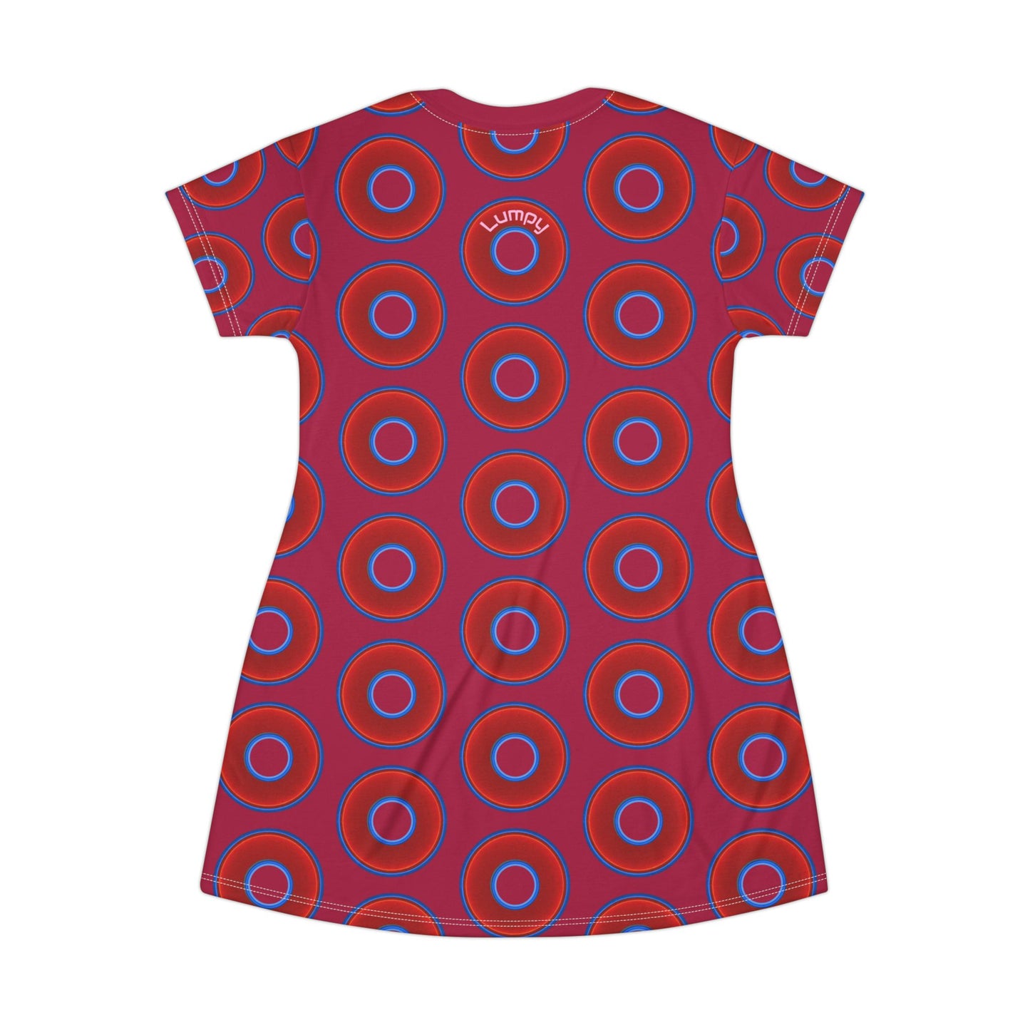Not a Muumuu AOP Tee Shirt Dress - red vivid donuts w/dark magenta background