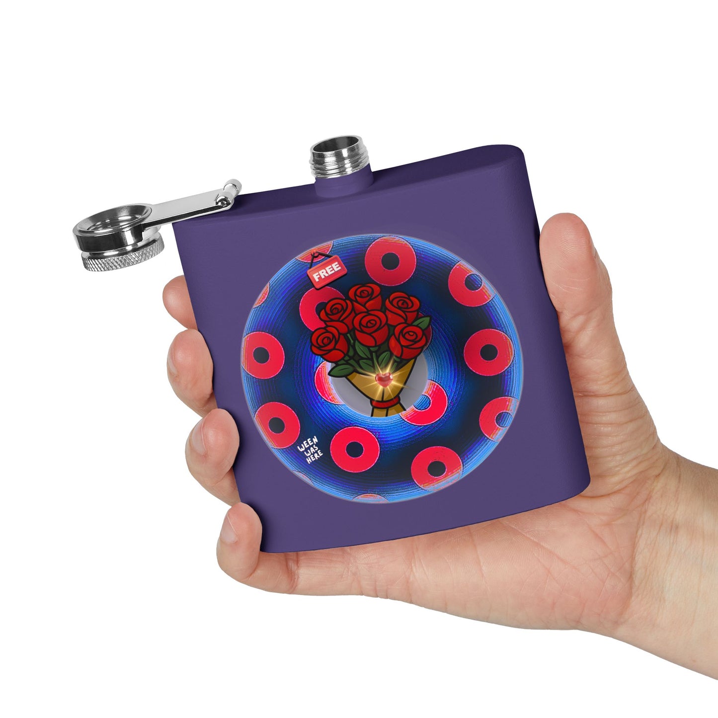 Lump's Donut Flask 6 oz -  "Donuts R Phree" - red/blue rustic donut - [*w/your choice of 6 backgrounds]