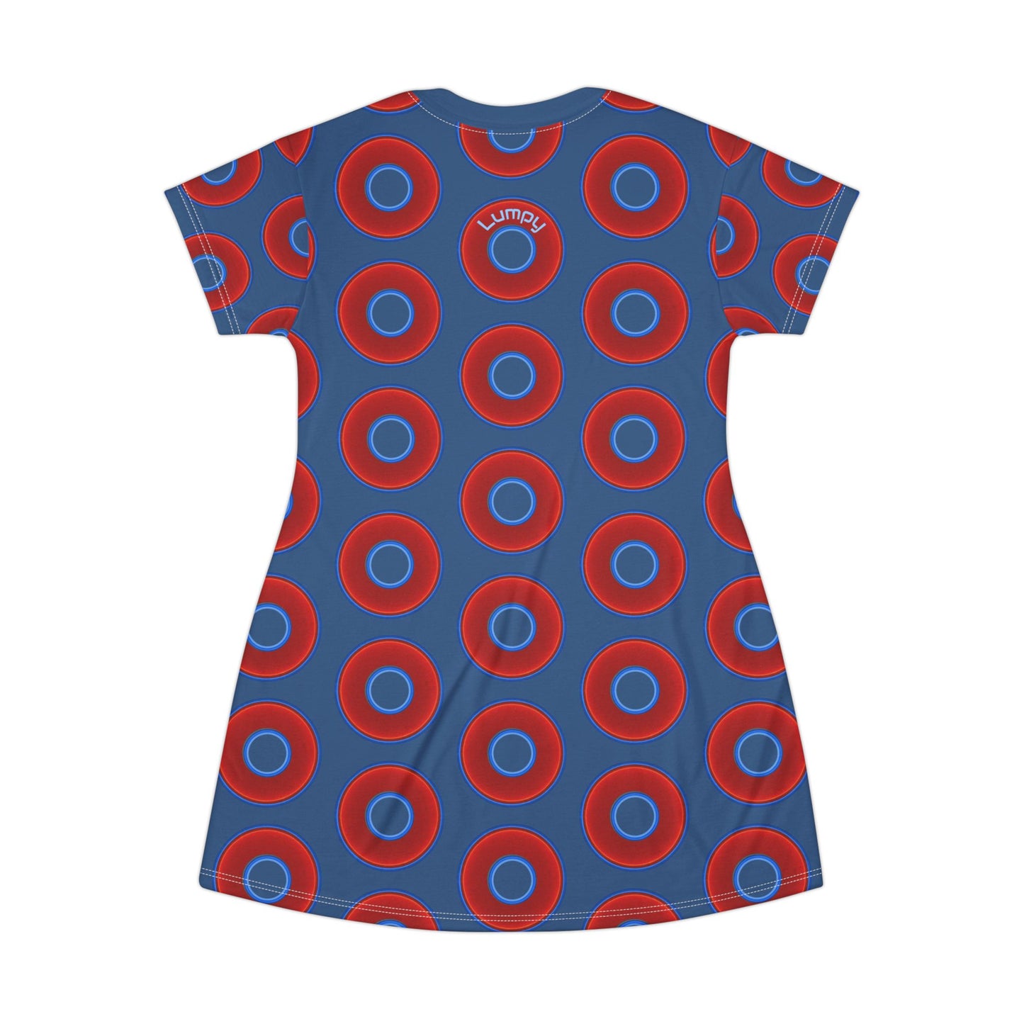 Not a Muumuu AOP Tee Shirt Dress - red vivid donuts w/light navy blue background