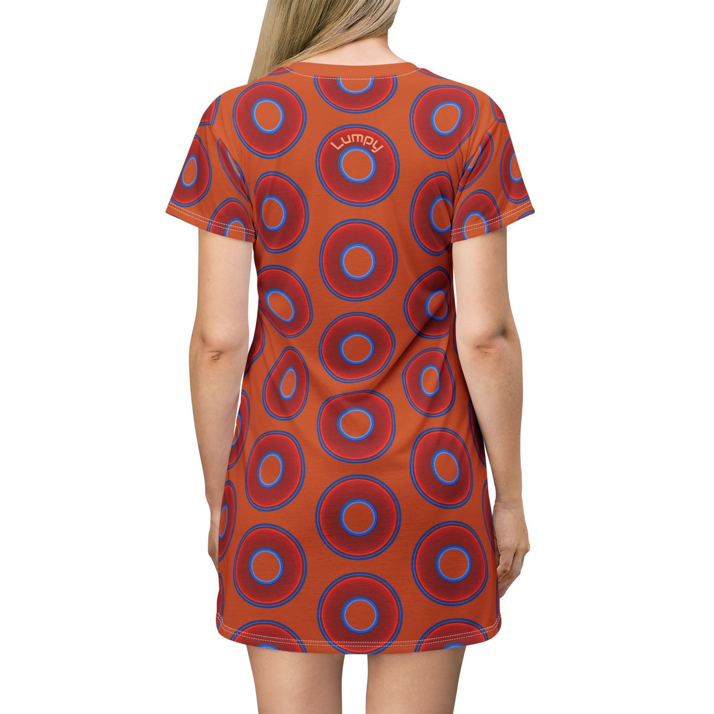 Not a Muumuu AOP Tee Shirt Dress - red vivid donuts w/dark orange background