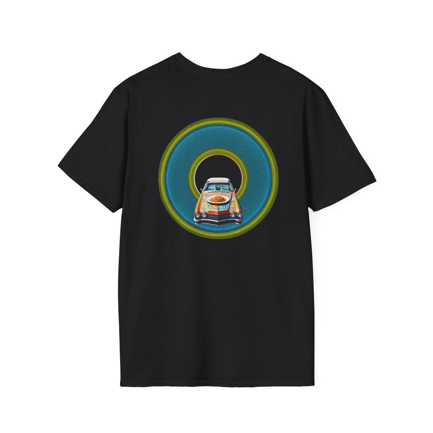 Classic Donut Tee - Unisex Soft-Style - "Cadillac Rainbow Spaghetti Incident" - series 1.0  - variant 1 - blue/green donut