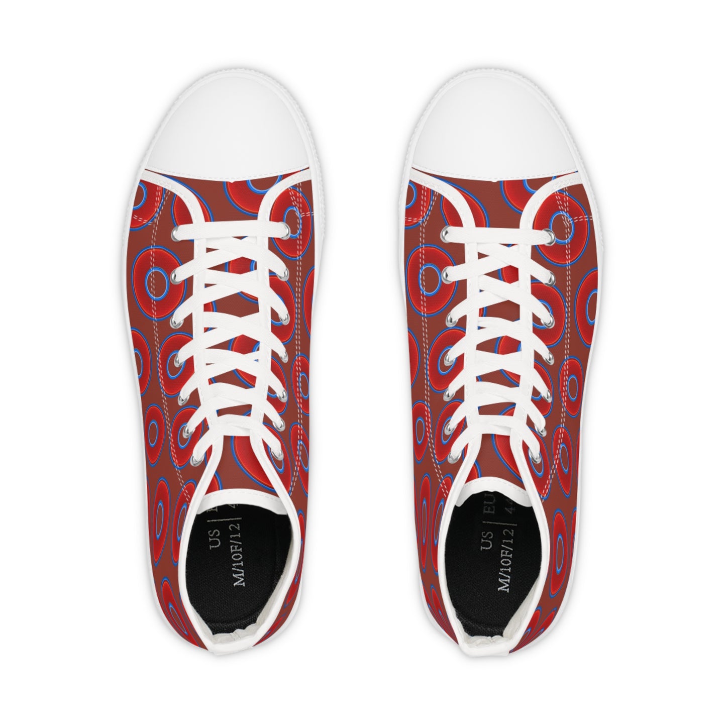 Men's High Top Chucks - large vivid red donut print w/burnt umber background