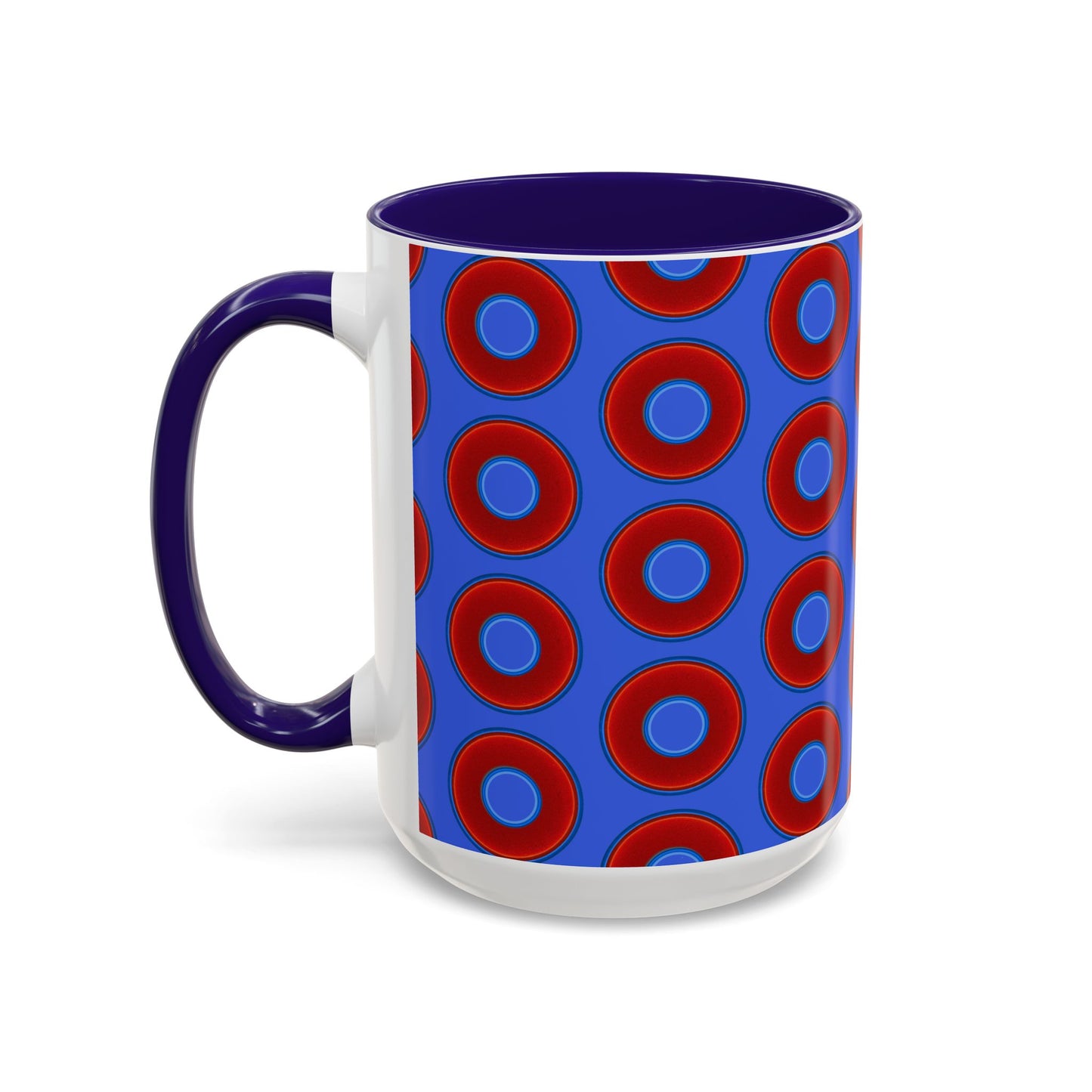 Lump's Grumpy Coffee Mug - vivid red donuts w/royal blue background