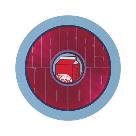 Round Room - 5 ft x 5 ft Lumpy Donut Rug - "Harry's Preferred Donut Rug" - vivid magenta/purple word donut w/light blue background - variant 2