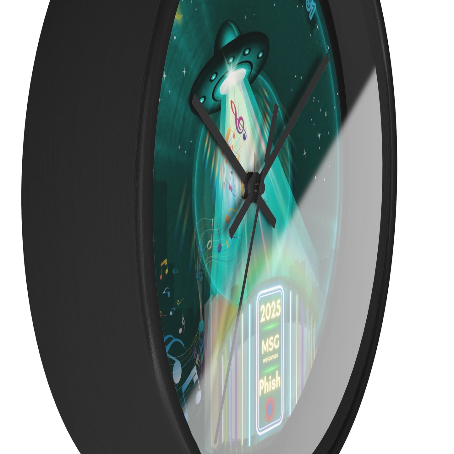 Lumpy Wall Clock - "Secret Ingredient? MSG of course" - vivid dark teal donut w/black background