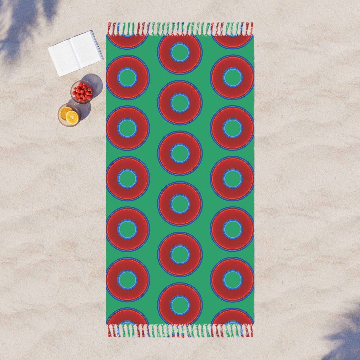 Oversized Lumpy Beach Towel - vivid red donuts w/jade green background