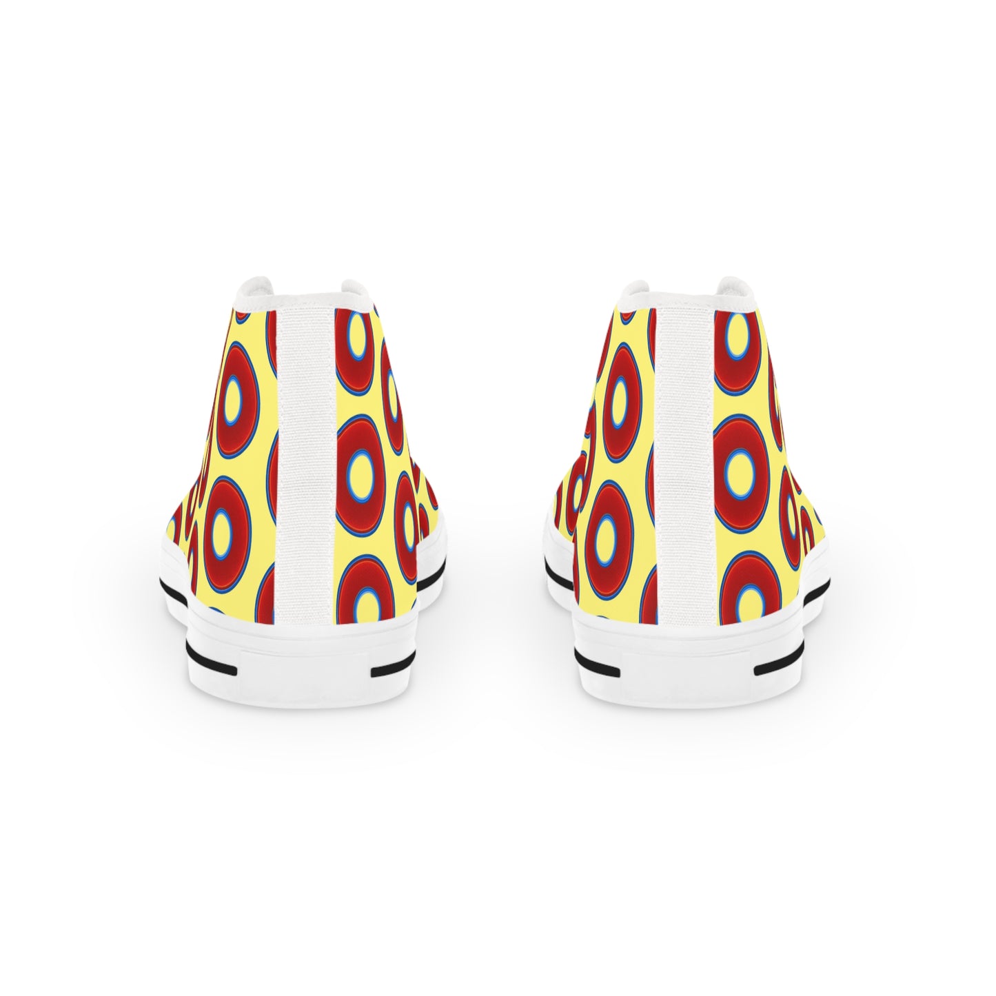 Men's High Top Chucks - large vivid red donut print w/yellow background