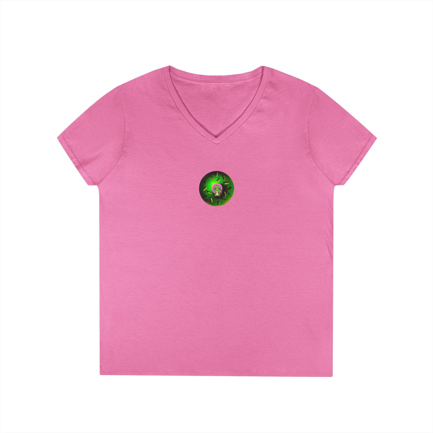 Women's Donut V-Neck Tee - "Soft as Baby Rutherford" - green cartoon donut w/sprinkles