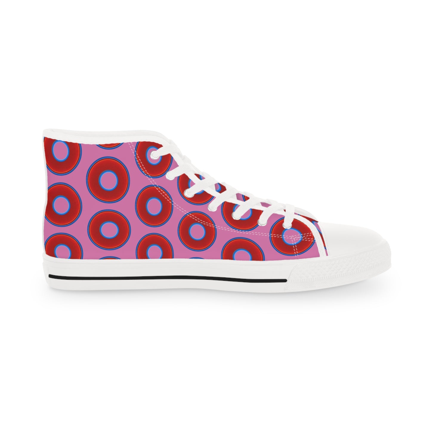 Men's High Top Chucks - large vivid red donut print w/pink background