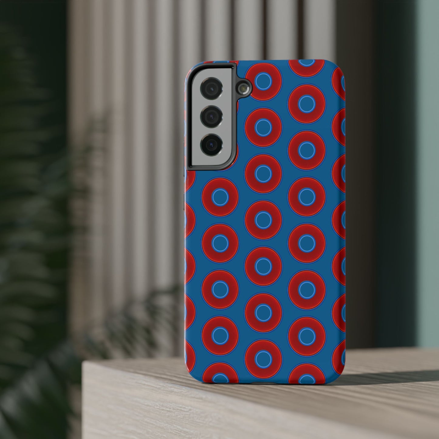 Impact-Resistant Lumpy Donut Case - red vivid donut print w/wavy navy background
