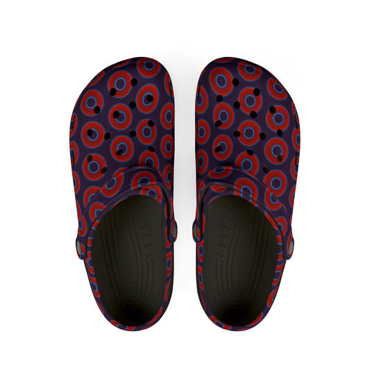 Spatchcocks - donut slip-on shoes - vivid red donuts w/midnight purple background [unisex]