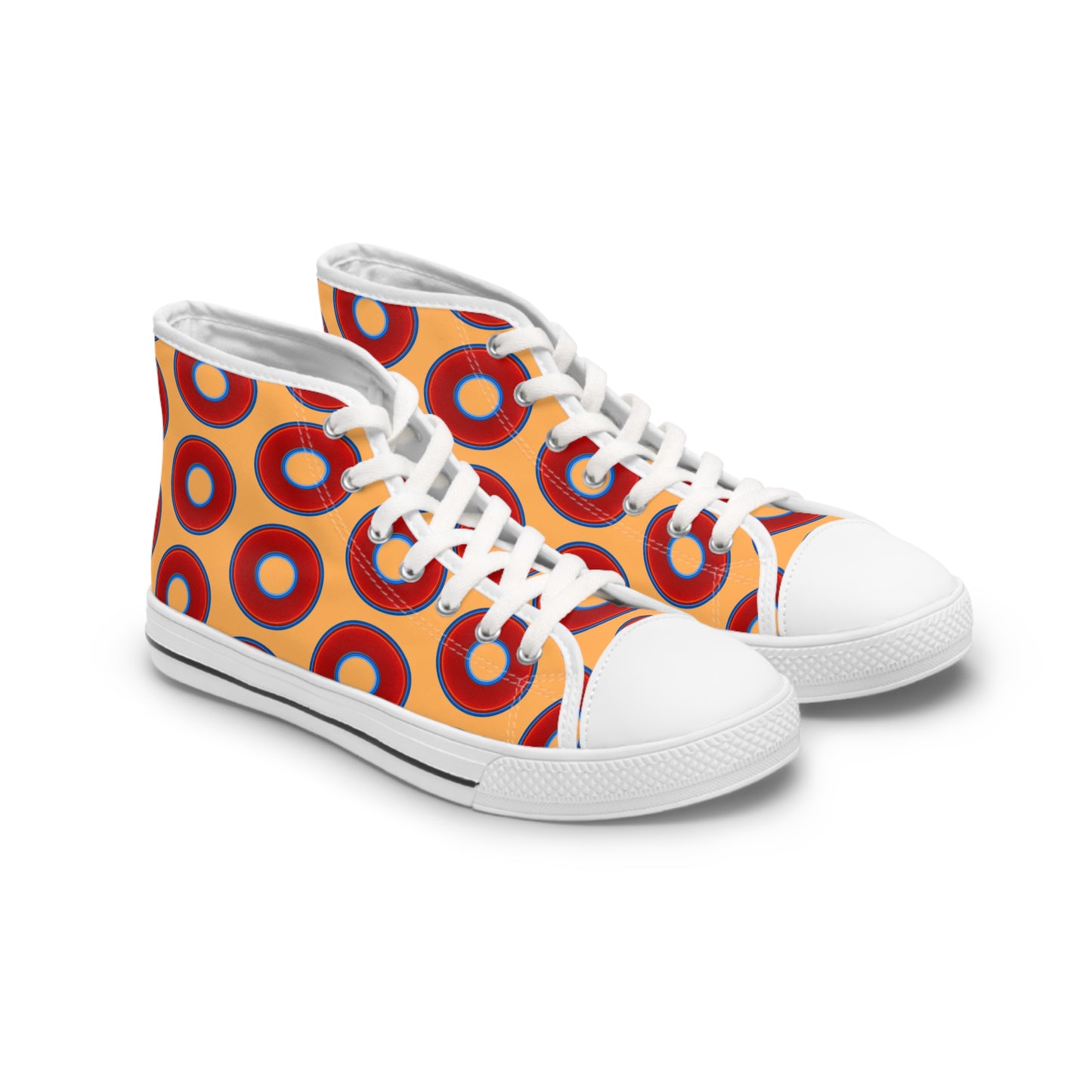 Women's High Top Chuck Taylors - large vivid red donut print w/creamsicle orange background