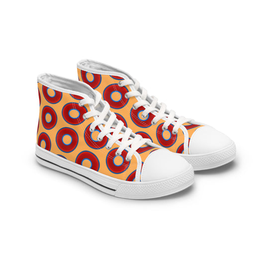 Women's High Top Chuck Taylors - large vivid red donut print w/creamsicle orange background