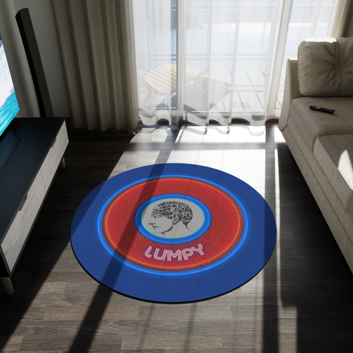 Round Room - 5 ft x 5 ft Lumpy Donut Rug - "The Lumpiest Donut Rug" - rustic blue/red donut w/dark navy background - variant 1