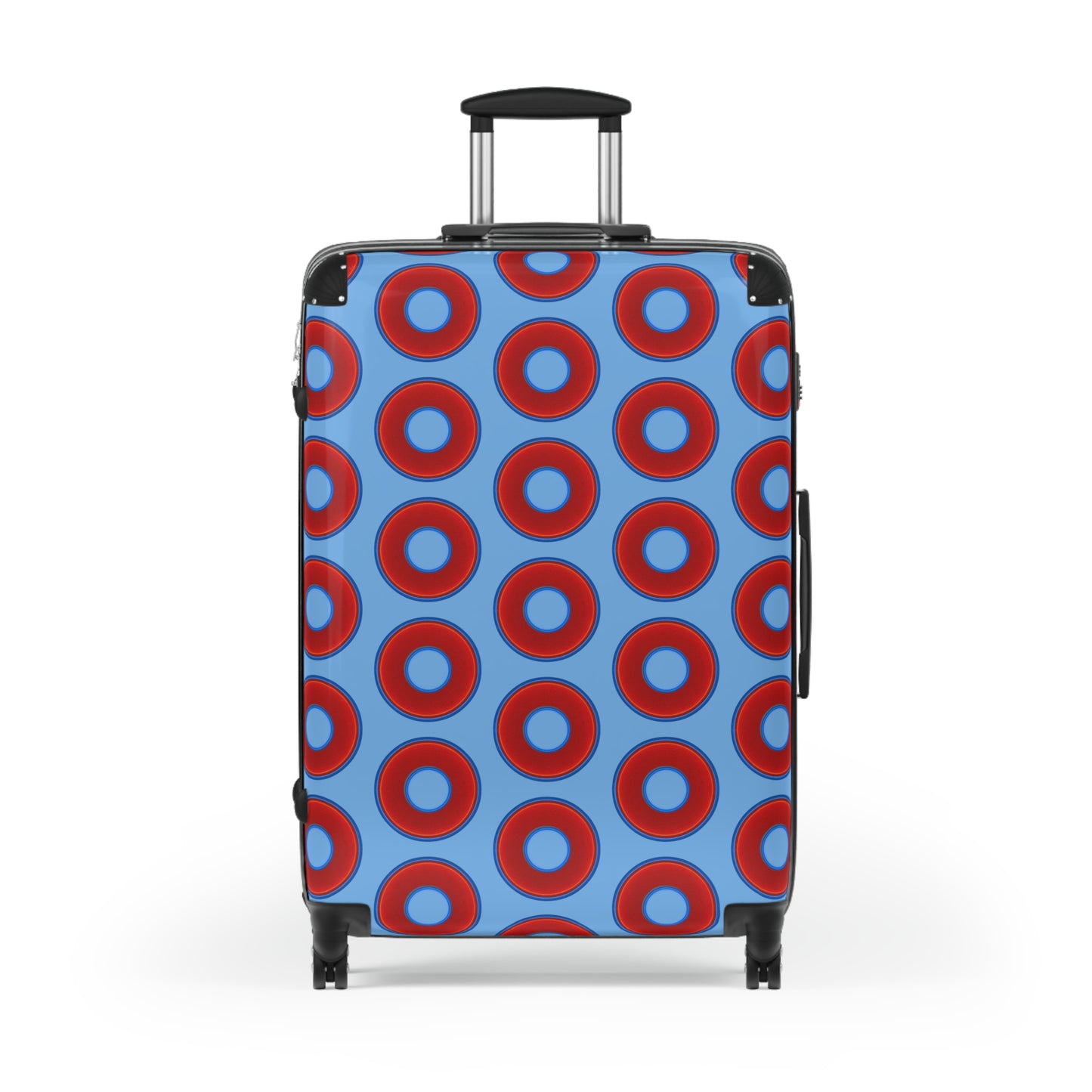 The Very Lumpy Donut Suitcase series - your choice of S, M or L - vivid red donut print w/light blue background
