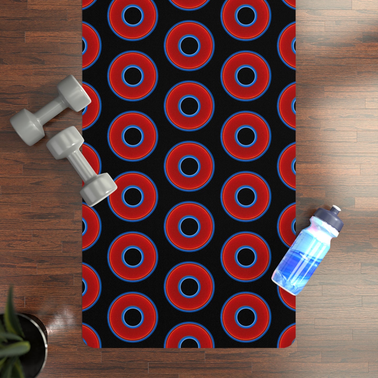 Lumpy Donut Yoga Mat :) - 24″ x 70" - vivid red donut print w/black background