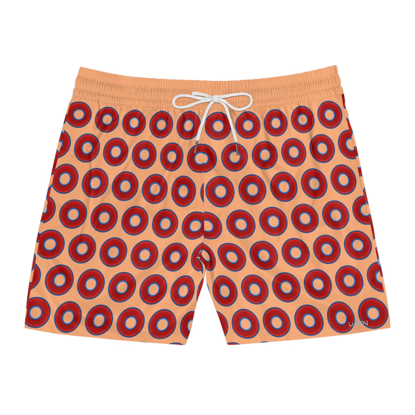 Men's Lumpy Swim Trunks - vivid red donut print w/peach background