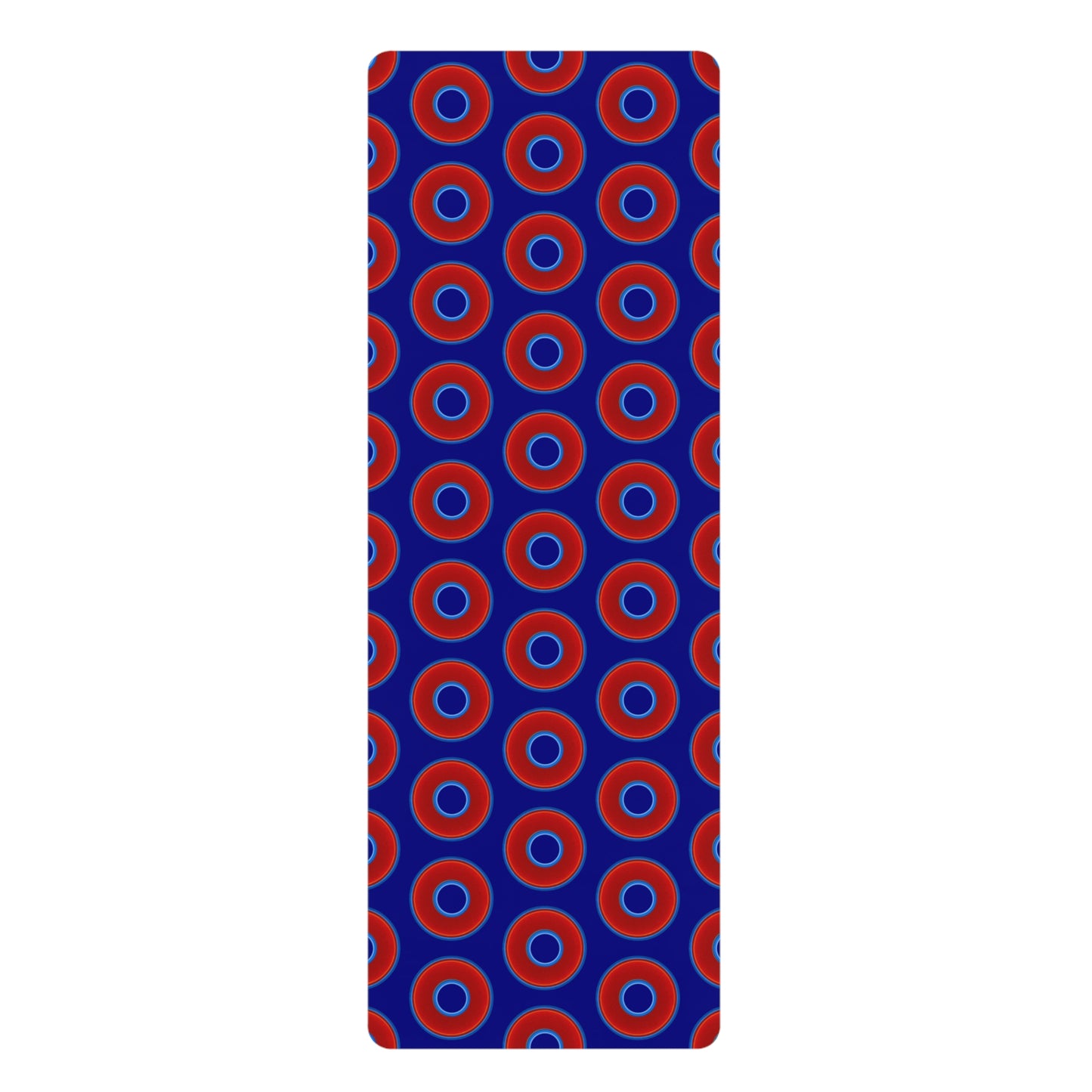Lumpy Donut Yoga Mat :) - 24″ x 70" - vivid red donut print w/vivid navy blue background