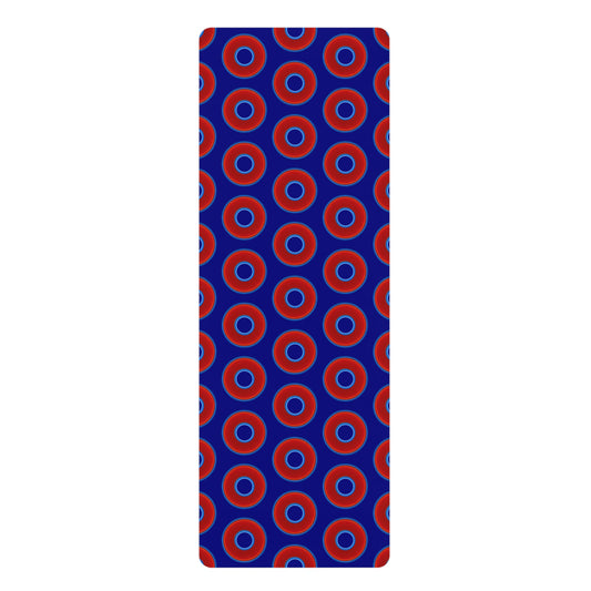 Lumpy Donut Yoga Mat :) - 24″ x 70" - vivid red donut print w/vivid navy blue background