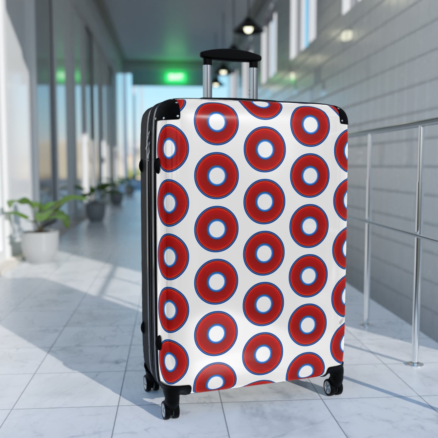 The Very Lumpy Donut Suitcase series - your choice of S, M or L - vivid red donut print w/white background