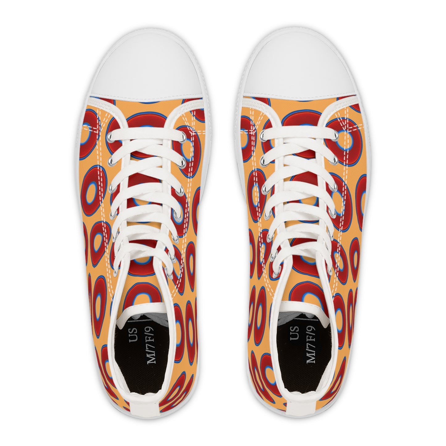 Women's High Top Chuck Taylors - large vivid red donut print w/creamsicle orange background