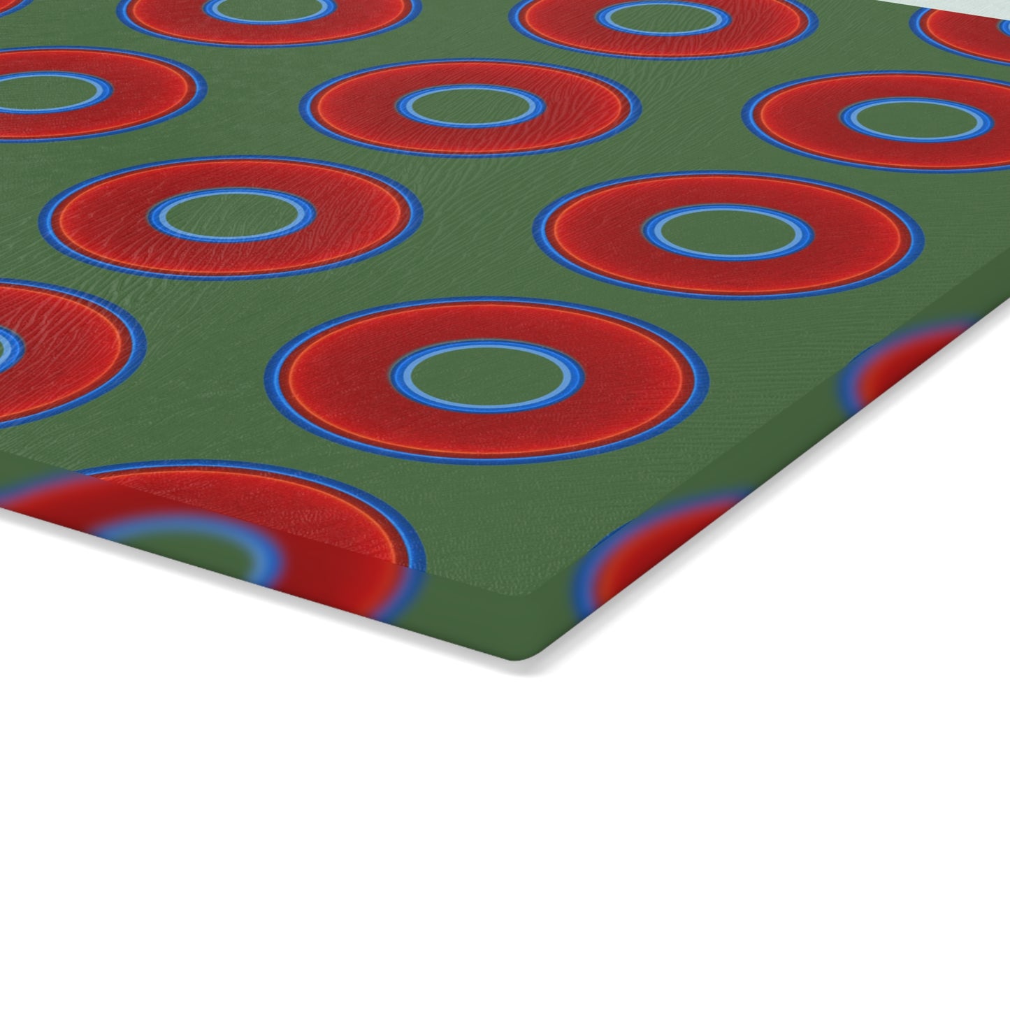 My Friend's Cutting Board - vivid red donuts w/dark green background