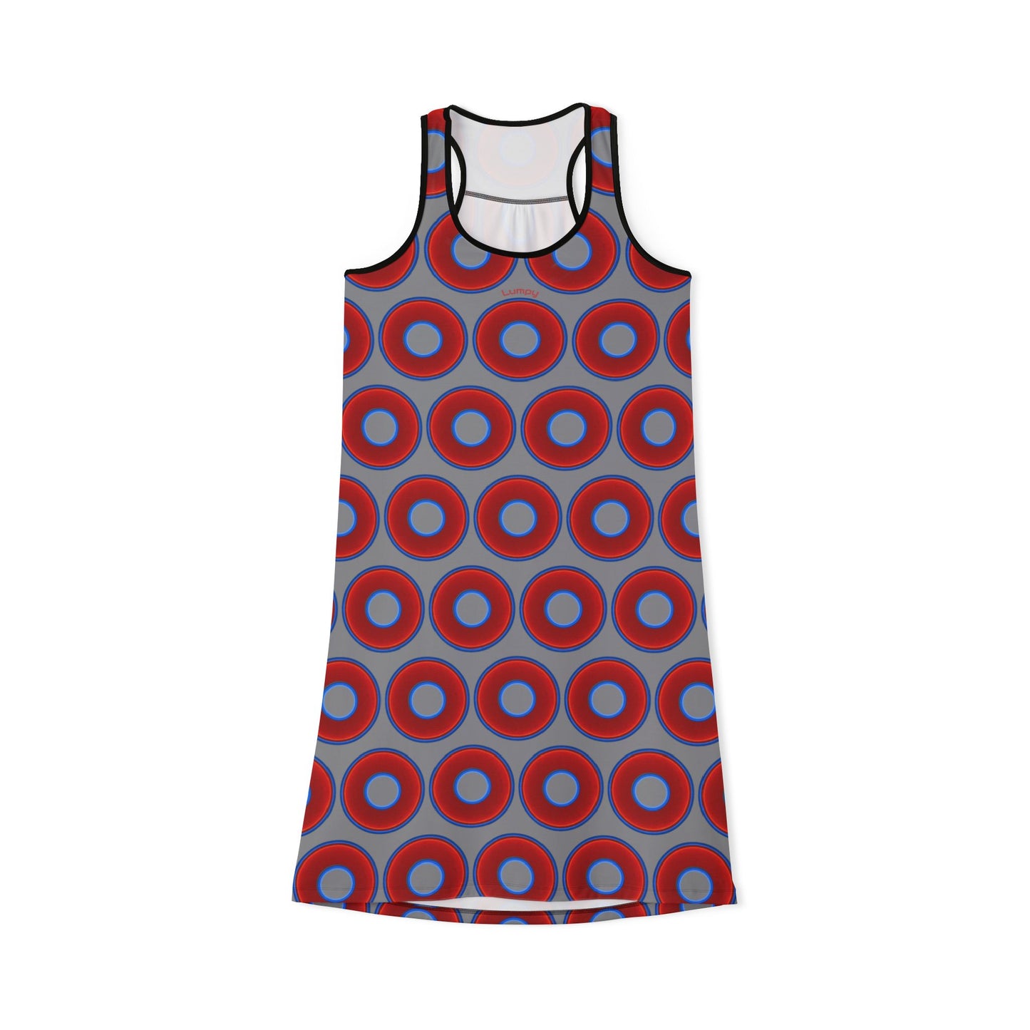 Tela's Lumpy Racerback Donut Dress - red vivid donut print w/gray background