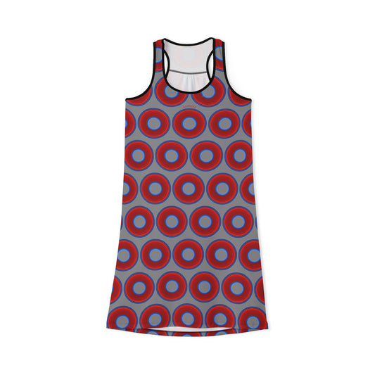 Tela's Lumpy Racerback Donut Dress - red vivid donut print w/gray background