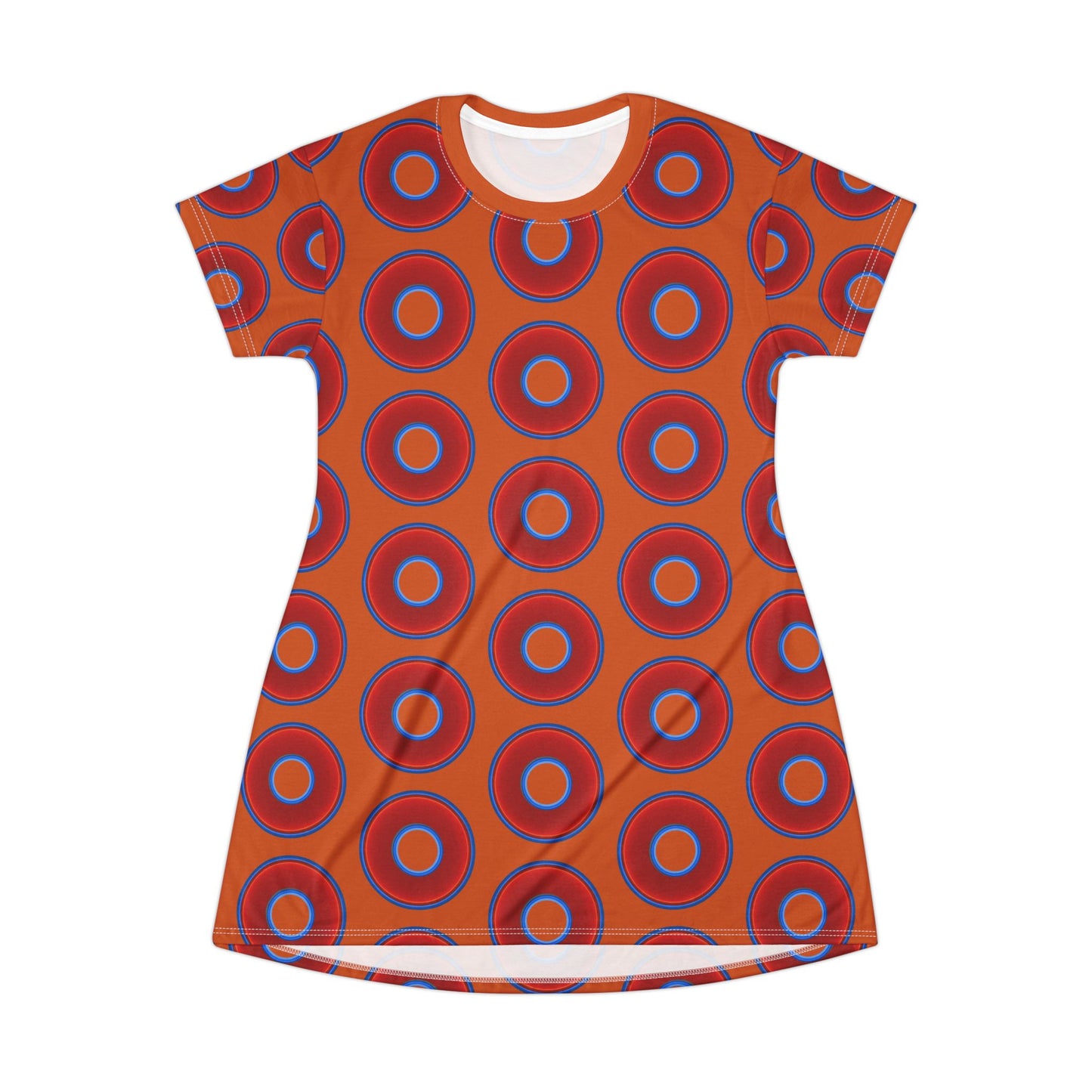 Not a Muumuu AOP Tee Shirt Dress - red vivid donuts w/dark orange background