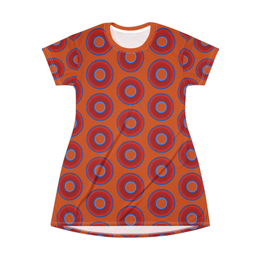 Not a Muumuu AOP Tee Shirt Dress - red vivid donuts w/dark orange background