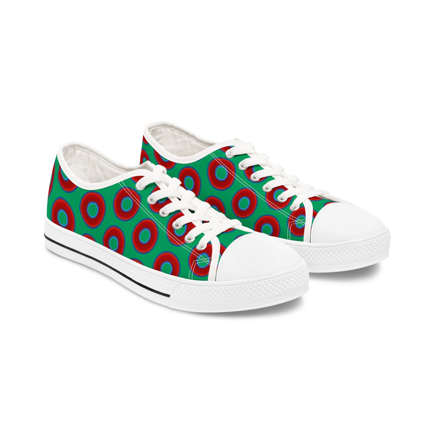 Women's - Low Top Chuck Taylors - large vivid red donut print w/jade green background
