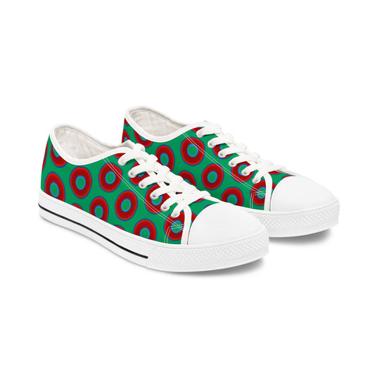 Women's - Low Top Chuck Taylors - large vivid red donut print w/jade green background