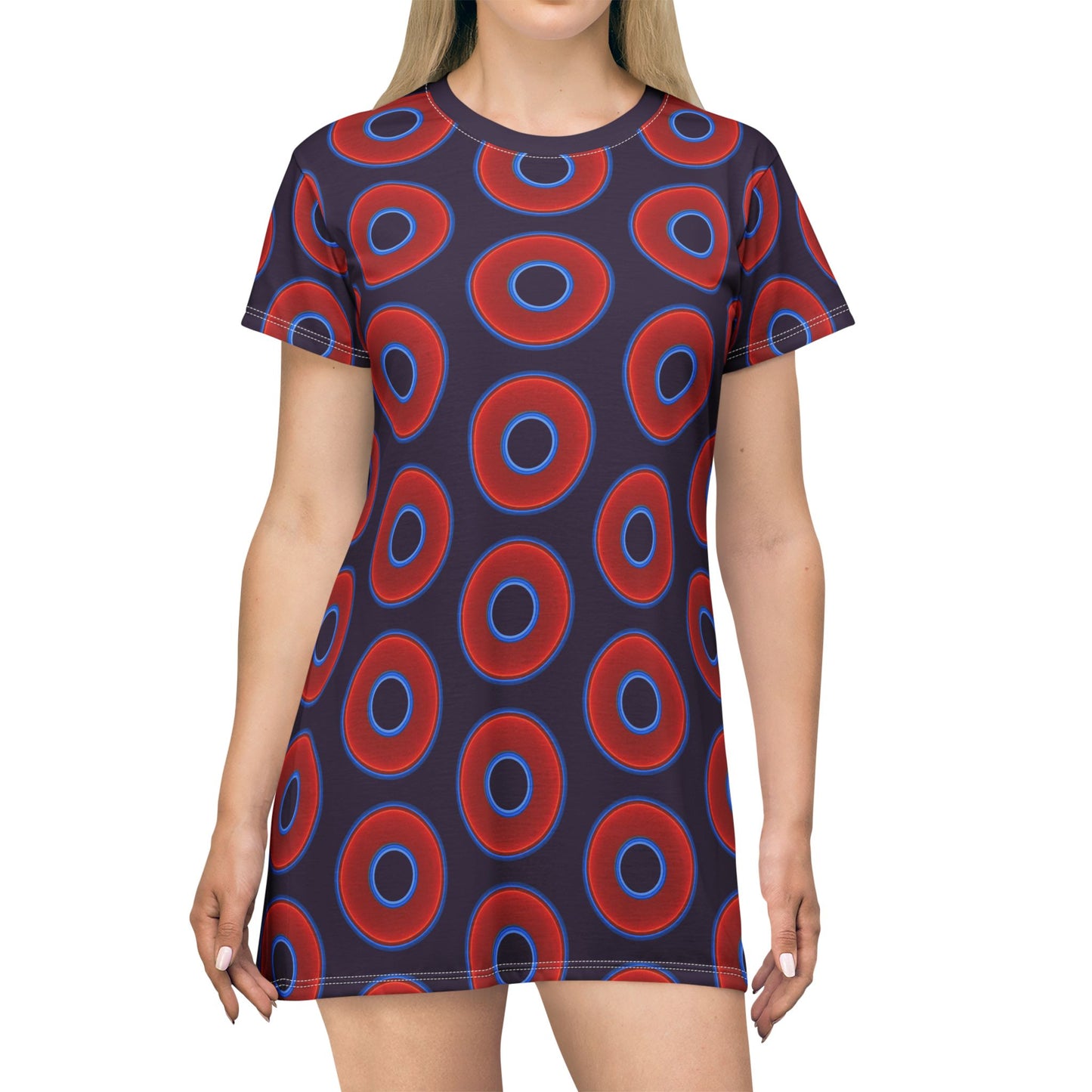 Not a Muumuu AOP Tee Shirt Dress - red vivid donuts w/midnight purple background